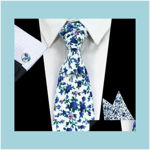 Aessories Herren 8 cm klassische Baumwolle Mode Retro Blumen Krawatten bunt bedruckt Party Hals Einstecktuch Manschettenknöpfe Set Drop Lieferung 2021 X2Gqr