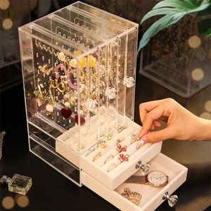 Tragbare Ohrringe Ring Display Ständer Staubdichte Acrylschmuck Aufbewahrungsbox Drawer Frauen Halskette Armband Organizer Hülle 211102