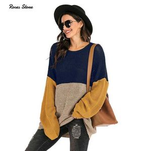 Woman Oversized Sweater Loose Autumn Spring Clothes For Ladies Color Block Knitted Jumper Long Sleeve Top Pullover Cosy Knitwear 210928
