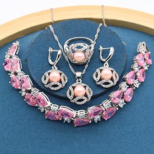 Earrings & Necklace Geometric Pink Pearl Silver Color For Women Jewelry Sets Pendant Ring Zirocnia Bracelet Bridal Gift Box