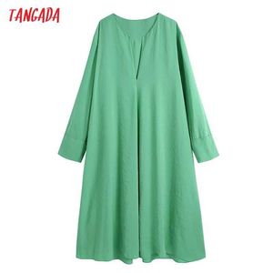 Tangadaファッション女性グリーン特大ドレスVネック長袖オフィスレディースミディドレスBE578 210609