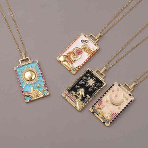 Hip Hop Cross Chain Copper Jewelry Oil Drop Zircon Pendant Rectangular Rainbow Tarot Moon Personality Cold Wind Necklace2QB3