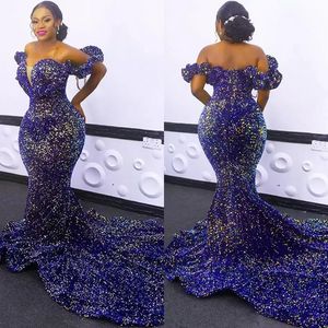African Sequined Evening Dresses Plus Size Off Shoulder Mermaid Prom Gowns 2022 Red Carpet Robe De Soiree BES121