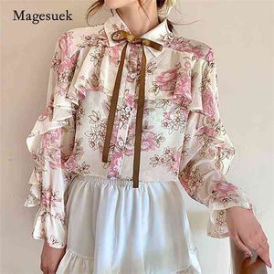 Autumn Korean Tops Floral Chiffon Women Blouse Long Sleeve Woman Shirts Cardigan Office Lady Clothes Blusas Mujer 10449 210518