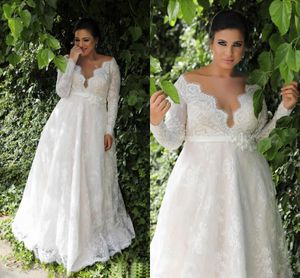 2021 Garden A-line Empire Waist Lace Plus Size Wedding Dress With Long Sleeves Sexy Long Wedding Dress For Plus Size Wedding