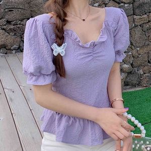 Chiffon Puff Sleeve Purple Women Shirts Casual Square Collar Short Blouse Solid Pleated Pullover Tops 10211 210508