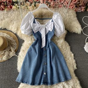 Sweet Bowknot Demin Dresses Korean Patchwork Puff Sleeve Square Collar Dress Women Elegant Jeans Vestido 6G403 210603