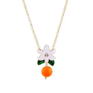 Wholesale orange beaded necklaces resale online - Enamel Cute Leaf Flower Orange Bead Necklace Gold Color Chain Female Summer Boho Pendant Jewelry Necklaces