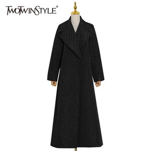 Twotwinstyle Svart bomullsrock för kvinnor lapel långärmad hög midja casual minimalistiska jackor kvinnliga mode kläder vinter 210517