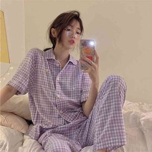 QWEEK Korean Homewear Women Girls Plaid Pajamas Summer Pyjamas Purple Pijamas Short Sleeve Top and Long Bottom 2 Piece Set 210901