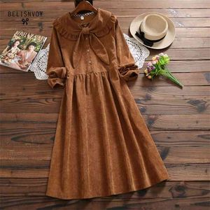 Robe femme höst vinter söta kvinnor klänningar peter pan krage båge lös corduroy vintage elegant klänning vestido longo 210520