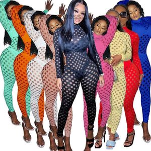 Women Long Sleeve Jumpsuits Designer V-neck Nightclub Sexy Eye Net Onesies Trousers Slim Zipper Rompers Fashion Casual Autumn Clothing