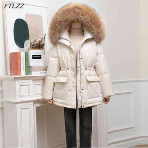 Winter Women Thick Warm Large Real Fur Hooded Down Jacket 90% White Duck Coat Waist Retractable Parker Overcoat 210430