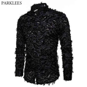 Sexy Black Feather Lace Shirt Men Fashion See Through Clubwear Dress Shirts Mens Event Party Prom Transparent Chemise S-3XL 210522