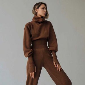 Turtleneck Sweater 2 Pieces Set Women Setchic Knitted Pullover Top + Sweater Pants Jumper Tops Trousers Sweater Suit 2021 Winter Y0625