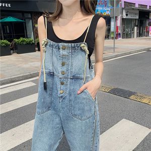 Qooth Vintage Yüksek Bel Kot Tulum Kadınlar Büyük Cepler Denim Romper Bayanlar Geniş Bacak Harem Tulumlar Kot QH2396 210518