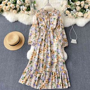 Fall Floral Holiday Travel Dress z Round Neck Rękawem Puff Slim Chemming Woman Fungus UK580 210507