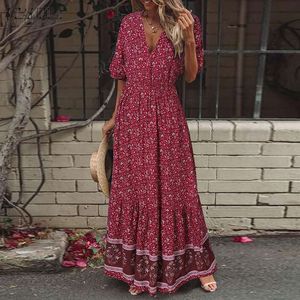 Elegant Summer Dress Women's Print Sundress 2021 ZANZEA Casual Short Sleeve Maxi Vestidos Female Floral Robe Femme Plus Size 7 X0521