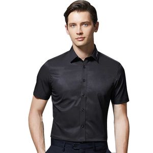 Koszulka męska z krótkim rękawem Stretch tkanina stała czarna biała elastyczność koszula socjalna sukienki Formalne sukienki Slim Fit Work Męska bluzka 210609
