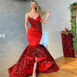 Sparkly Red Sequin Mermaid Evening Dresses Sexy Spaghetti Straps Dubai Formal Prom Dress 2021 Plus Size Femme Vestidos Fiesta Robe De Soirée Mariage