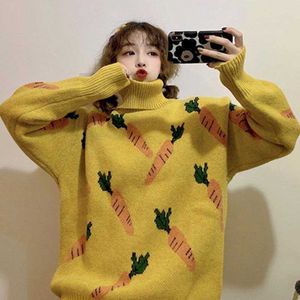 Korean version of the high-neck color-blocking sweater for female students loose and lazy pattern all-match autumn w 210526