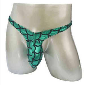 NXY Briefs och Panties Fish Scale Printing Men Sexy Faux Läder Thong Metallic Jockstrap Underkläder Små underbyxor Novelty Låg midja 1203