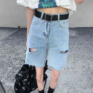 Woman Shorts Summer Korean Hong Kong Style Straight Denim Five-point Loose Hole High Waist Female PantsWide leg pants 210507