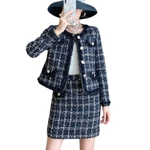 Осень зима Tweed 2 частей набор женщин корейский элегантный плед короткие куртки пальто мини Bodycon юбка костюм винтаж два 210514