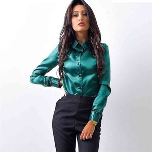 Blusa mulheres blusa elegante vinho vermelho verde cetim camisa girada para baixo colarinho manga feminina feminina escritório formal ol blusa mulheres tops 210518