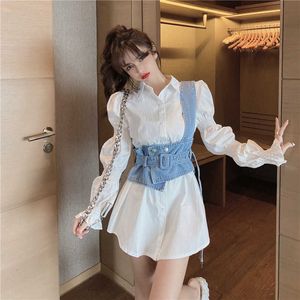 Koreanska 2 stycken Set Long Puff Sleeve Vit Blus Toppar Belted Slim Waist Oregular Denim Vest Casual Outfits för Kvinnor 210529