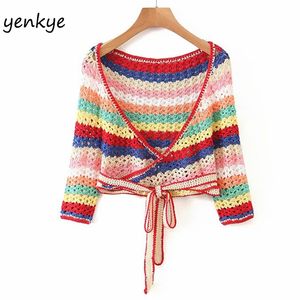 Multicolor Striped Crochet Crop Top Women Cross V Neck Kortärmad Sticka Sexig Wrap Femme Sommar Boho s Blusas LJPZ9279 210514