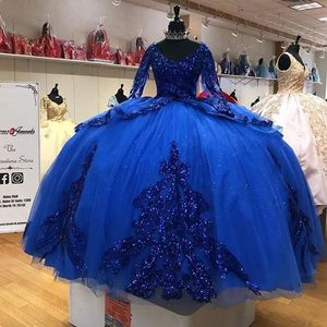 Royal Blue Sequins Sparkly Quinceanera Klänningar Långärmad Bollklänning Sweet 16 Dress Vestidos de XV Años