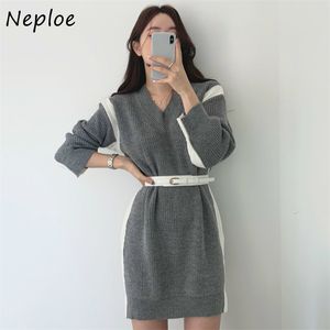 High Waist Hip Straight Sweater Dress Women V-Neck Panelled Color Patchwork Long Sleeve Pull Femme Vestidos Warm Robe 210422