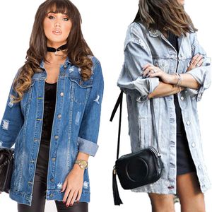 Denim Trençkot Artı Boyutu Giyim Mont Kadınlar Yırtık Ceket Büyük Boyutları Kentsel Rahat Gevşek Bayanlar Giyim Rahat Giyim Sokak Serin Kız Dört Mevsim