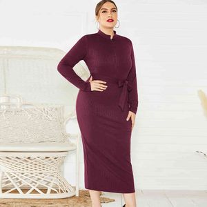 Elegant Women Long Sleeve 5XL Plus Size Dress Autumn Stand Collar Half Open Zipper Vestidos Party Knitting Bandage Bodycon Dress 210507