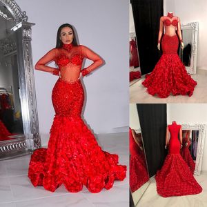 African Red Mermaid Prom Klänningar Sexiga Sequins High Neck Långärmad 3D Rose Flower Evening Gowns Formell Cocktail Dress