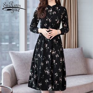 Stil Vestidos Uzun Kollu Kadın Şifon Elbiseler Sonbahar Siyah Çiçek Boho Düğme Tasarım Diz Boyu Elbise 5081 50 210427