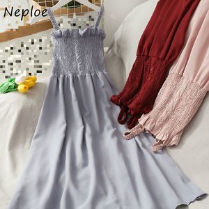 Neploe Retro Slash Neck Strapless Camisole Dress Summer New Sweet Fold Sleeveless Button Fuguns Women Dresses 82086 210423