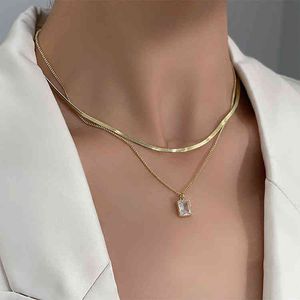 Minimalist Jewelry Gold Plated Snake Bone Chain Zircon Pendant Necklac Double Layer Square Cubic Zirconia Necklace