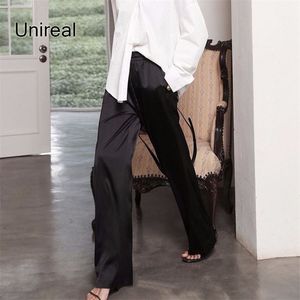 UNIIREAL 여름 여성 넓은 다리 바지 높은 허리 새틴 바지 패션 실크 캐주얼 느슨한 블랙 여성 streetwear 211115