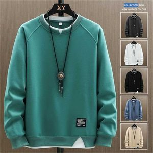 Mens Casual Sweatshirts Harajuku Solid Color Fashion Man Fake Two Pieces O-Neck Sweatshirt Hoodies Hip Hop Streetwear 220107