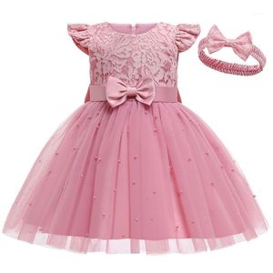 Abiti da ragazza Ins 2022 Abbigliamento per bambini Perla Bowknot Rosa Maglia di pizzo Baby Girl Princess Dress For Girls Party Puffy Invia fascia