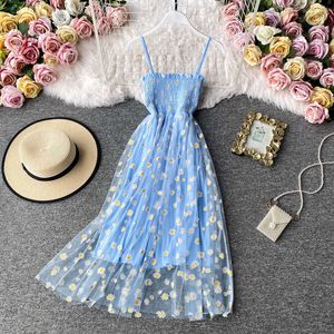 Women Daisy Print Dresses Summer Sexy Lace Mesh Dresses Spaghetti Strap Ruched Floral Korean Style Dress Purple Y0603