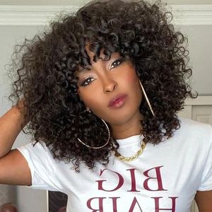 Kinky Curly Wig med Bangs Glueless Remy Brazilian Human Hair Short Bob Synthetic Full Lace Front Pärlor för svarta kvinnor