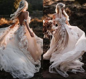 Romantic Floral Lace Country Wedding Dresses A Line Off Shoulder Backless Sexy Tulle Beach Boho Bridal Gowns Long Bohemian Bride