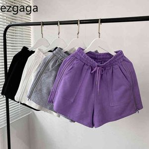 Ezgaga Shorts Kvinnor Hög midja Lös elastisk Jogger Koreansk Fashion Wide Ben Fast Fickor Mjuka Hem Ladies SweatsHorts Casual 210430