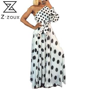 Kobiety Dress Dot Printed Bow Tie Maxi Asymetryczne Jedno Temperament Ramię Długie Es Jesień Plus Rozmiar 210524