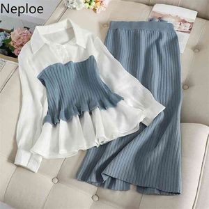 Neploe Fashion Sets Knit Sweater Tops Pencil Split Skirt Outfits for Women Elegant Ladies Two Pieces Suits Korean Women Clothes 210730