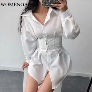 Womengaga Seksi Tam Kollu Beyaz Yüksek Elastik Bel Küçük İnce Düğmeler Uzun Gömlek Bluz Sonbahar Kız Kadın RM4E 210603 Tops