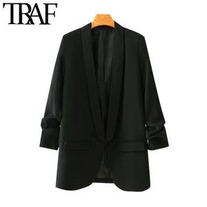TRAF Women Fashion Office Wear Basic Black Blazer Coat Vintage Pleated Sleeve Fickor Kvinnliga Ytterkläder Chic Toppar 211006